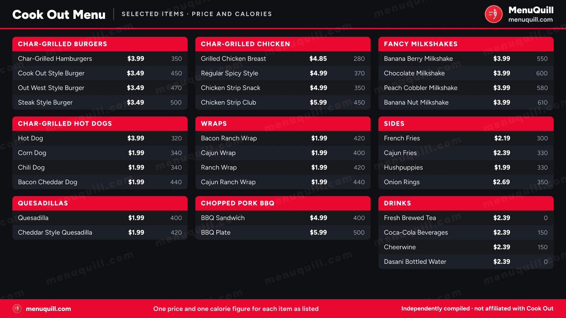 Cook Out menu prices and calories