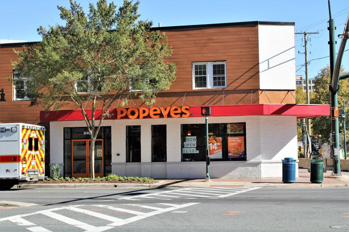 A Popeyes Louisiana Kitchen restaurant building on Georgia Avenue in Silver Spring, Maryland