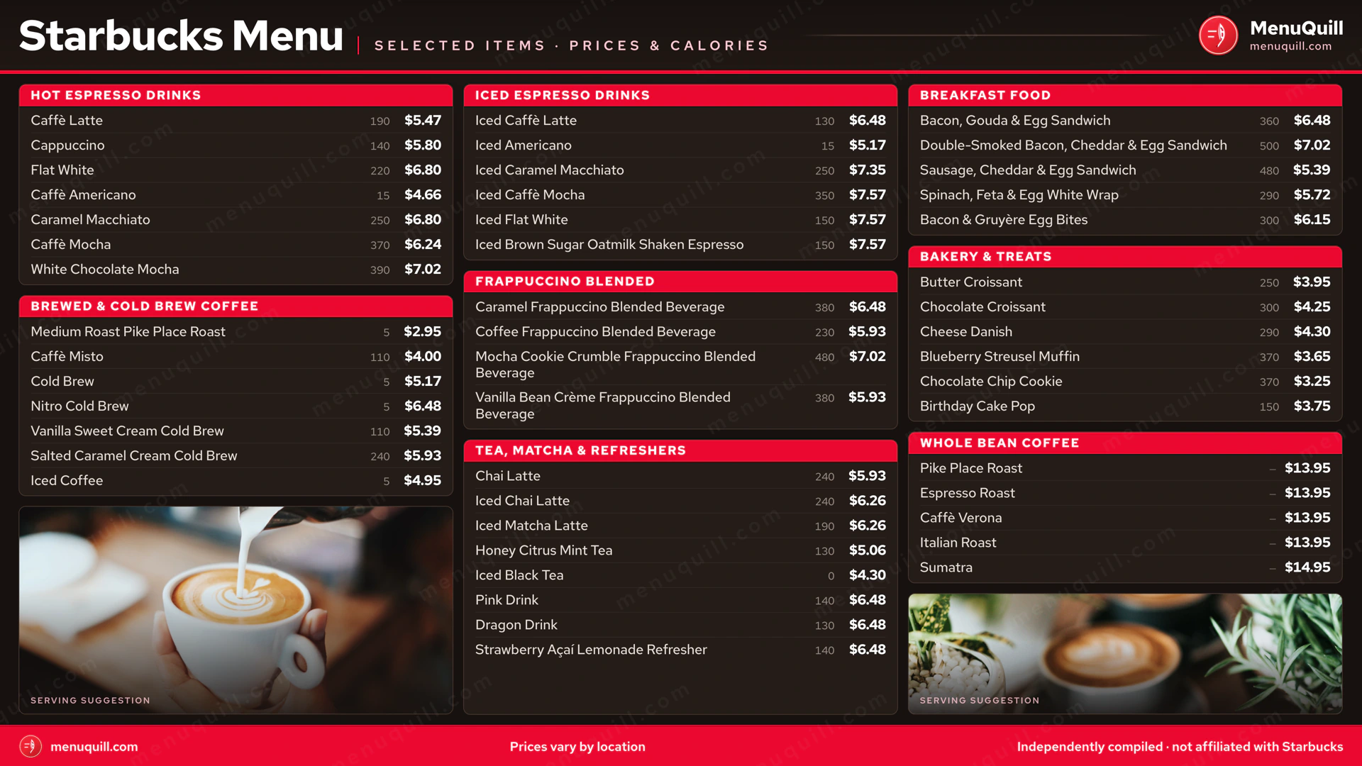 Starbucks menu with prices