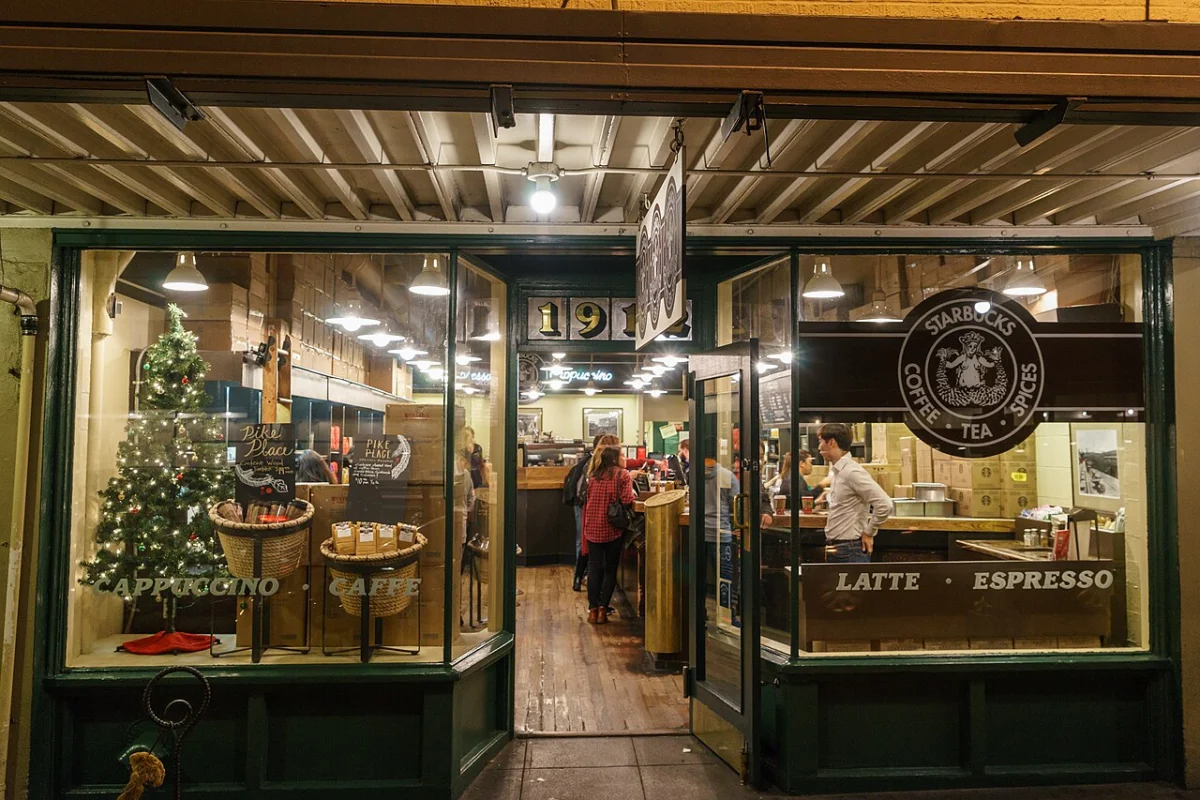 The original Starbucks store at Pike Place in Seattle, Washington, seen from the street