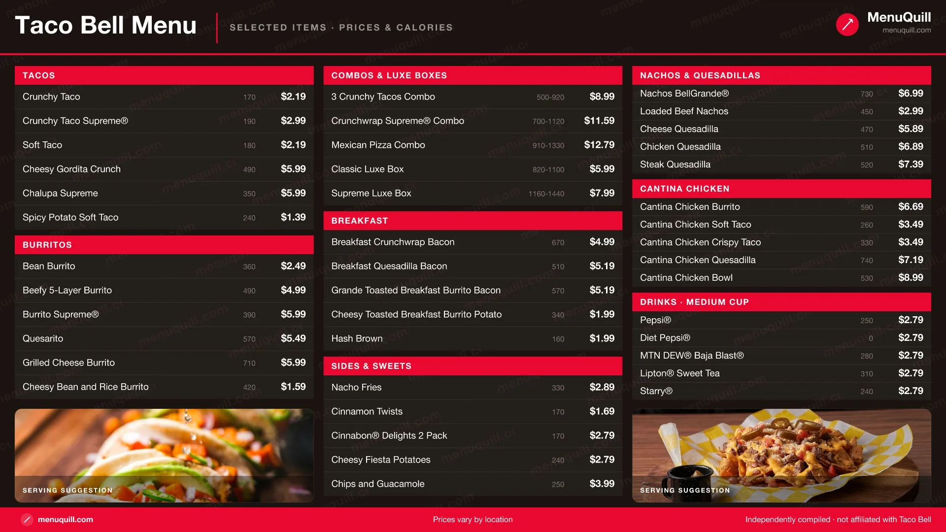 Taco Bell menu with prices
