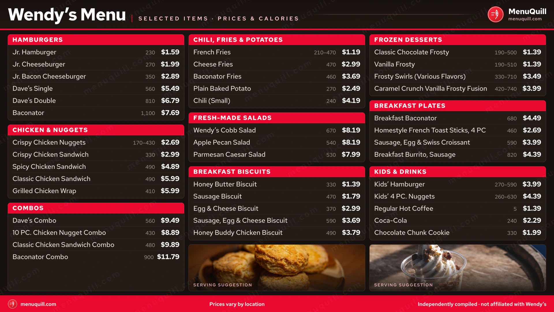 Wendy's menu with prices