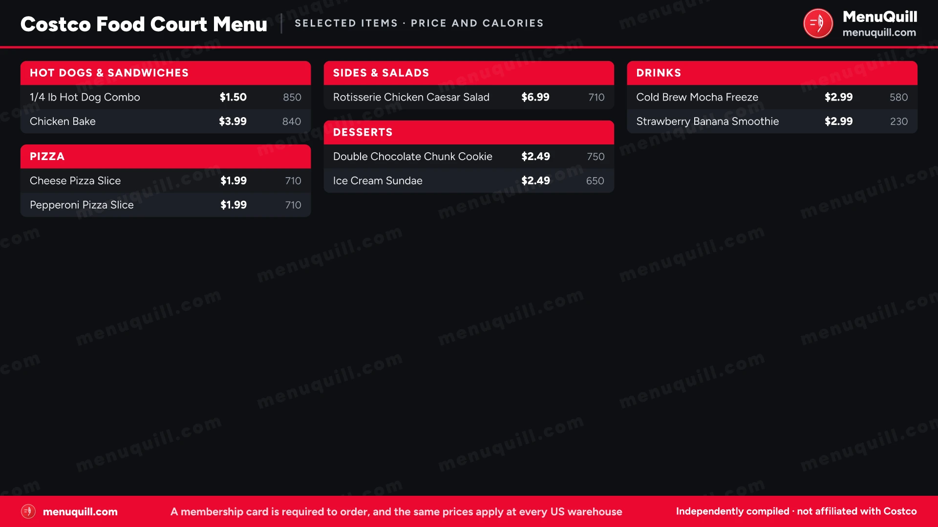 Costco Food Court menu prices and calories