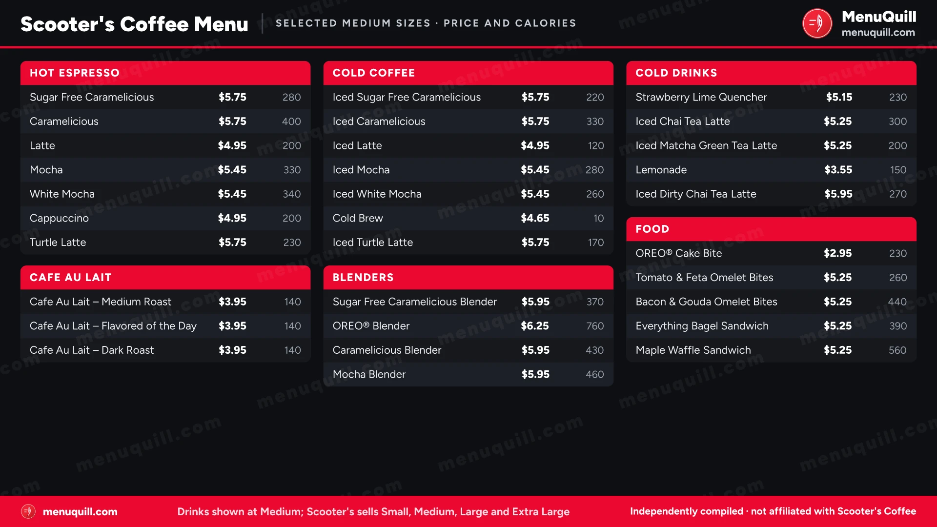 Scooter's Coffee menu prices and calories