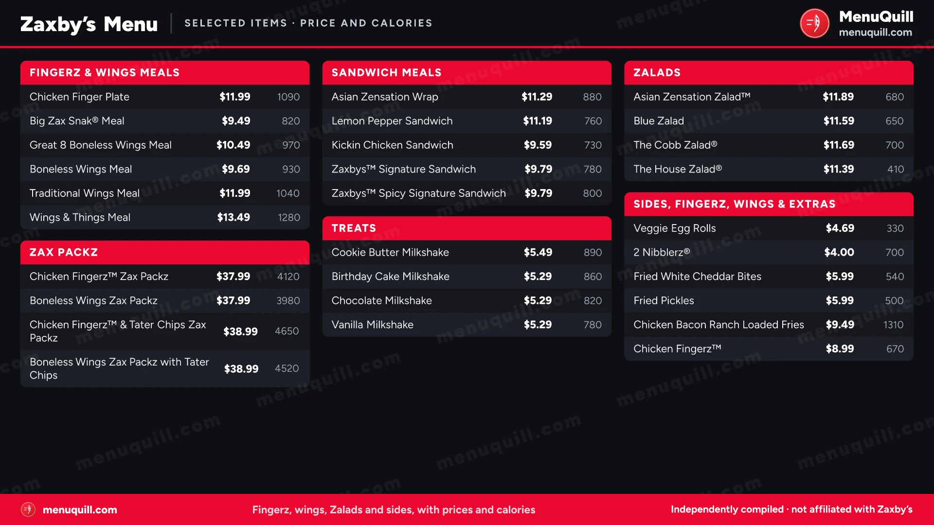Zaxby's menu prices and calories
